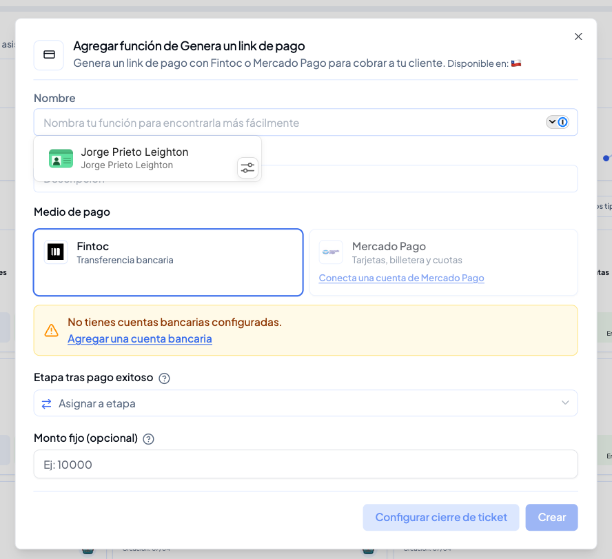 Configuración de la función Link de pago con Fintoc seleccionado y el aviso de cuenta bancaria pendiente